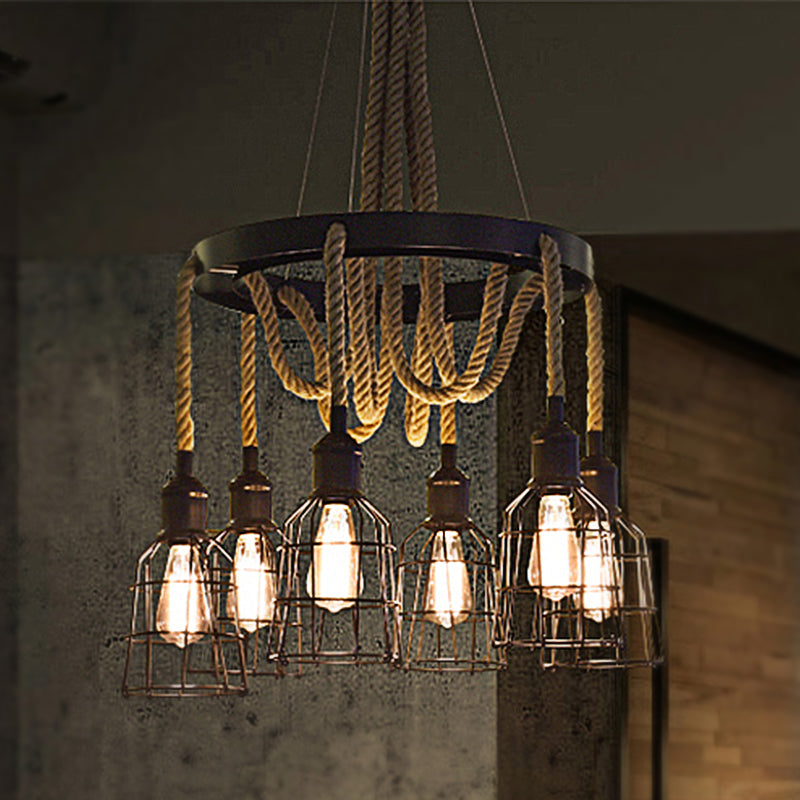 Vintage Style Black Multi-Light Chandelier Pendant With Rope Detail - Metal Global/Bell Cage Lamp