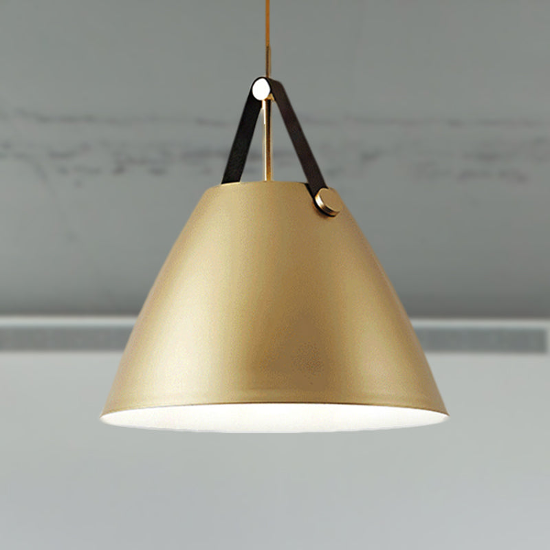 Modernist Conical Pendant Light 10.5/14 W 1-Bulb Metallic Suspension With Leather Strap Black/Blue