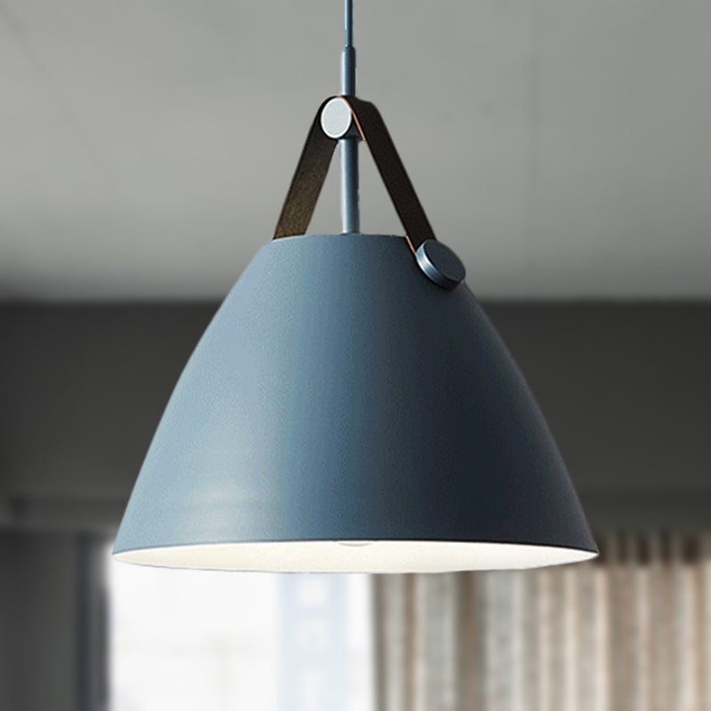 Modernist Conical Pendant Lighting - Metallic Suspension Light With Leather Strap Black/Blue