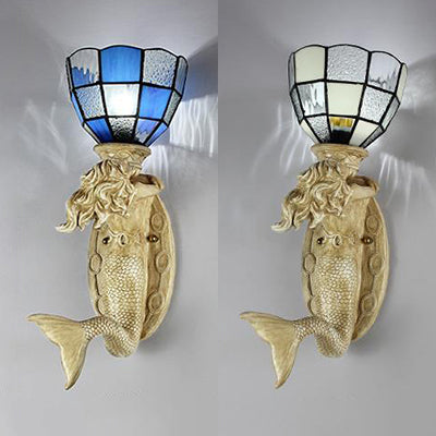 Mermaid Wall Sconce With Grid Glass Shade And Lodge Mount - White/Blue