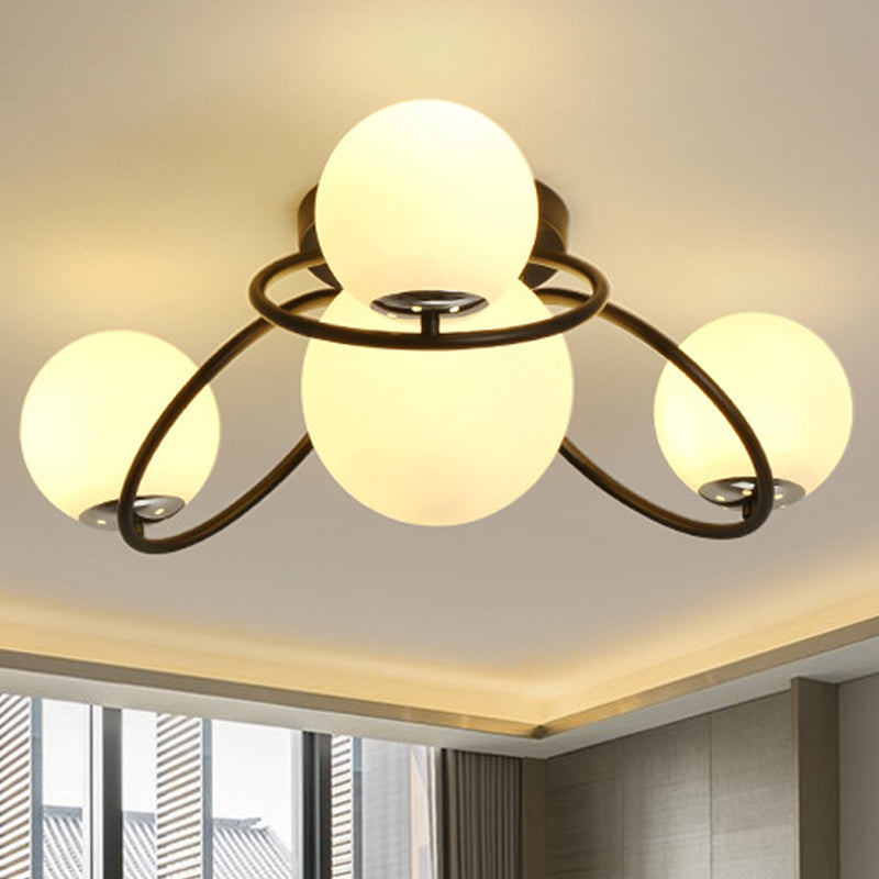 Classic 4-Light Opal Glass Semi-Flush Ceiling Fixture In Black/White For Living Room