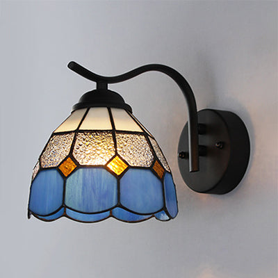 Mediterranean Dome Wall Sconce With Curved Arm And Stained Glass - 1 Light In White/Clear