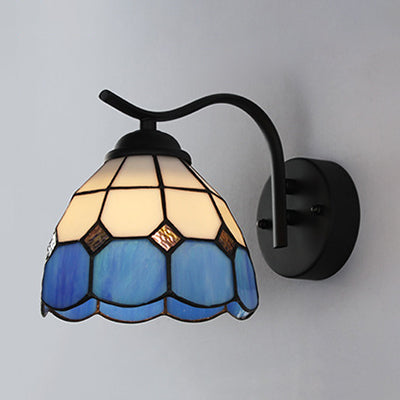 Mediterranean Dome Wall Sconce With Curved Arm And Stained Glass - 1 Light In White/Clear White