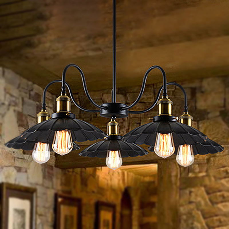 Industrial Metal Chandelier With Scalloped Design - Black Finish 5 Heads Indoor Pendant Lighting