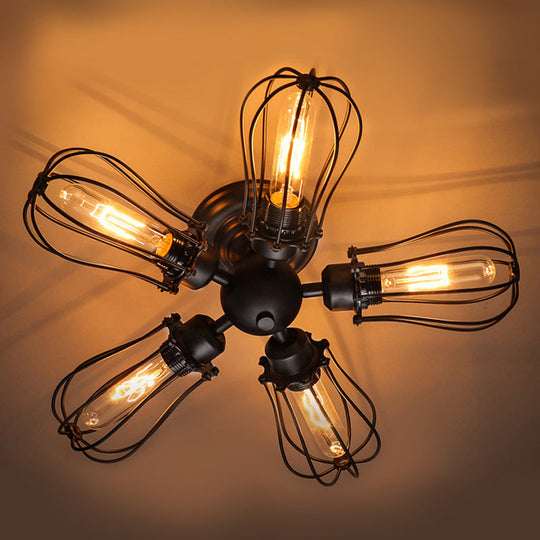 Rustic Wire Frame Ceiling Light - Vintage Bulb Shape With 3/5 Metal Lights In Black For Farmhouse