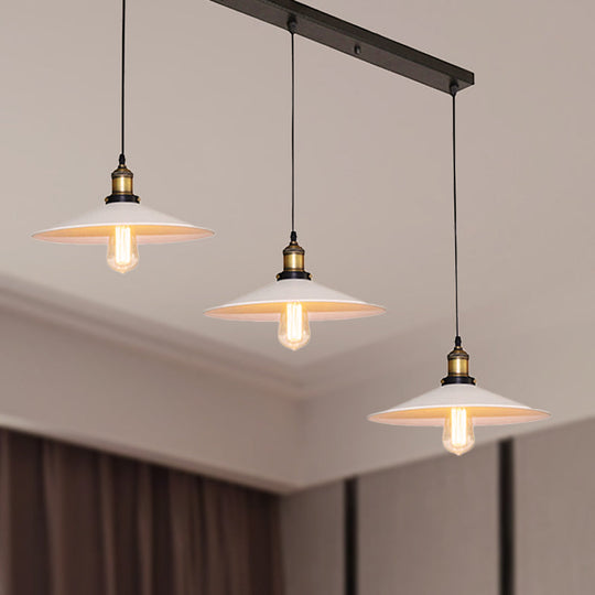 White Metal Pendant Light With 3 Industrial Saucer Hanging Ceiling Lights - Linear/Round Canopy