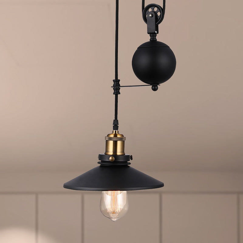Vintage Style Metallic Black Conic Ceiling Light Fixture With Pulley - 1 Bulb Hanging Pendant For