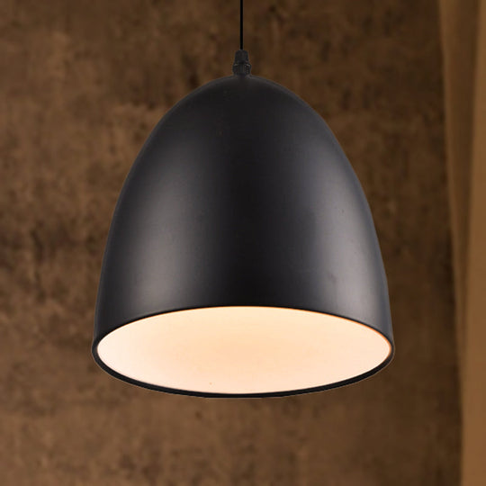 Retro Style Domed Pendant Lamp - 10/12 Inch Wide Metallic Fixture In White/Black For Kitchen Black /