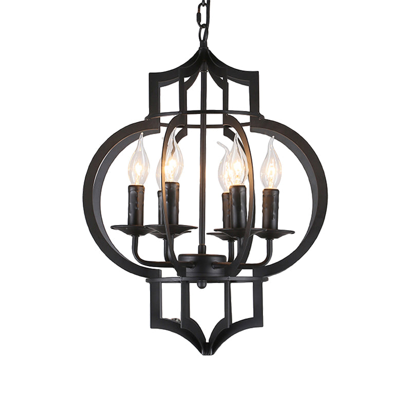 4/6 Bulbs Vintage Style Lantern Cage Chandelier Light In Black - Wrought Iron Medium Hanging Lamp