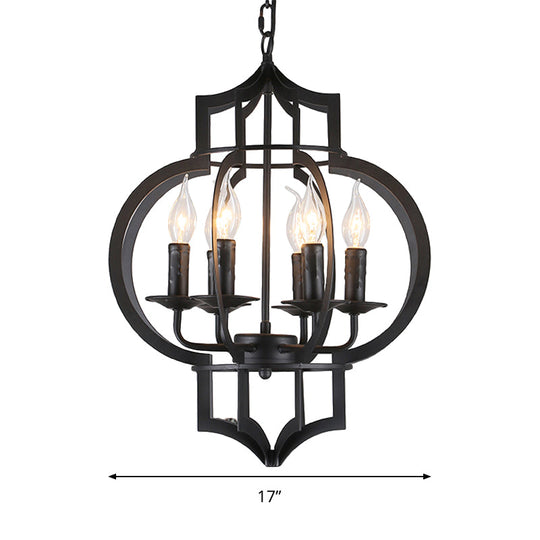4/6 Bulbs Vintage Style Lantern Cage Chandelier Light In Black - Wrought Iron Medium Hanging Lamp