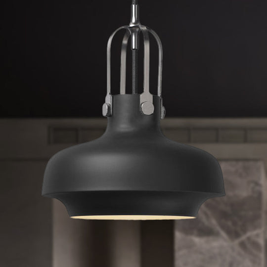 Industrial Metallic Pendant Light With Adjustable Cord - Black/White Bowl Shade 1-Light For Living