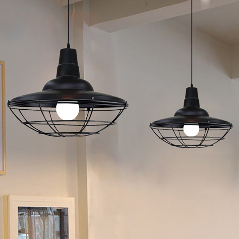 Industrial Black Metal Saucer Pendant Light For Restaurants - 1 Head With Cage Shade Ceiling Fixture
