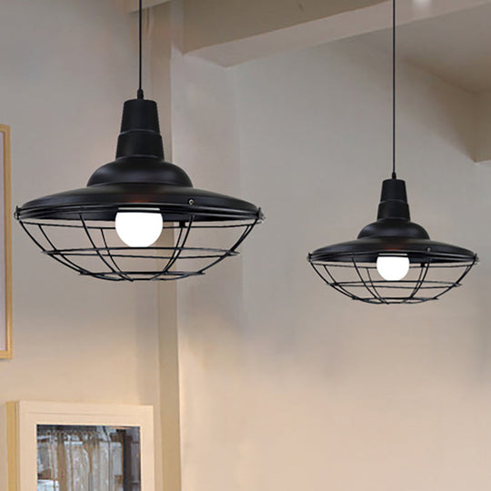 Industrial Black Metal Saucer Pendant Light For Restaurants - 1 Head With Cage Shade Ceiling Fixture