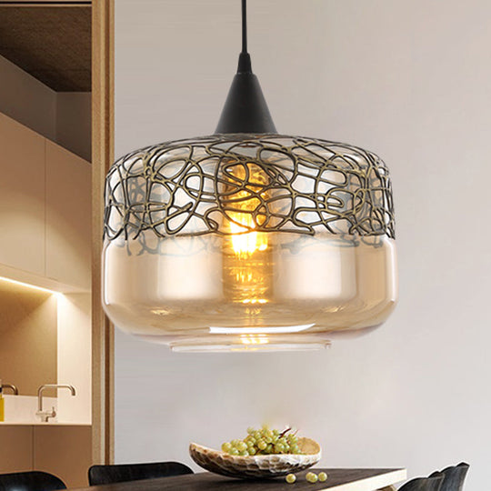 Contemporary Amber Glass Drum Pendant Lighting - Hanging Lamp Kit For Living Room