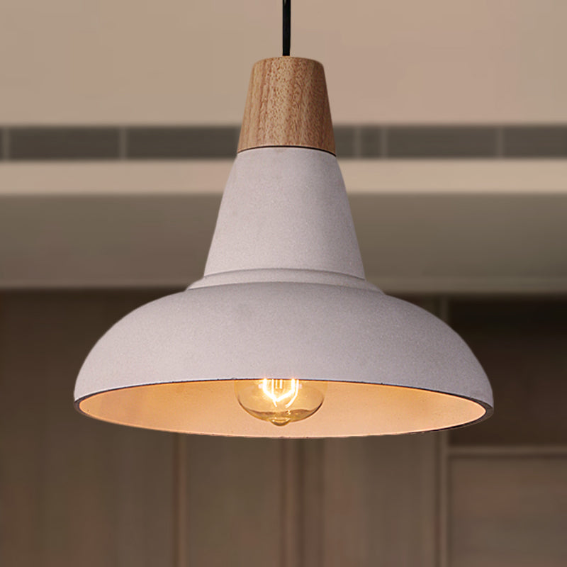 Industrial Style Cement And Wood Pendant Light With Grey/White Bowl Shade