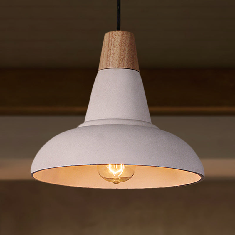 Industrial Style Cement And Wood Pendant Light With Grey/White Bowl Shade