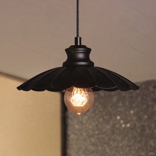 Retro-Style Metallic Black Pendant Lamp With Scalloped Shade - Perfect For Kitchen Lighting / 10