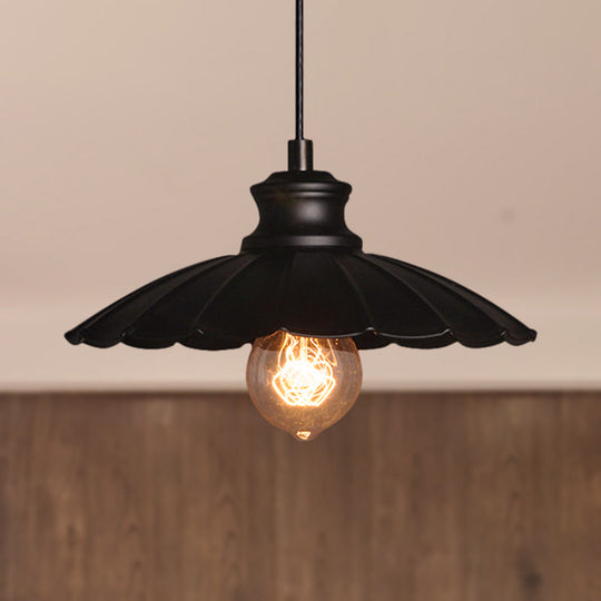 Metallic Black Pendant Lamp With Scalloped Shade - Retro Style Ceiling Light For Kitchen