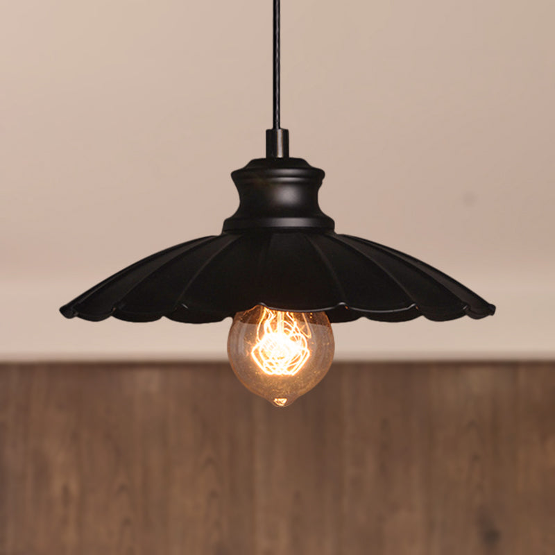 Retro-Style Metallic Black Pendant Lamp With Scalloped Shade - Perfect For Kitchen Lighting