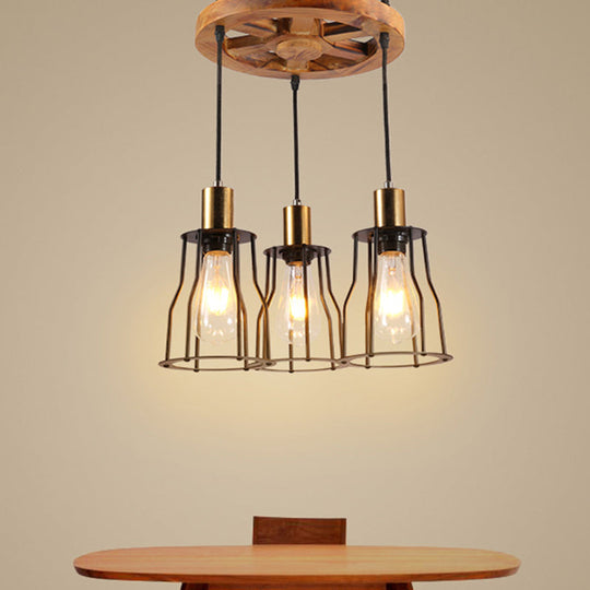 Industrial Wood Bell Cage Pendant Light With Brass Accents - 3/6 Lights For Living Room 3 /