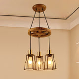 Industrial Wood Bell Cage Pendant Light With 3/6 Brass Lights For Living Room
