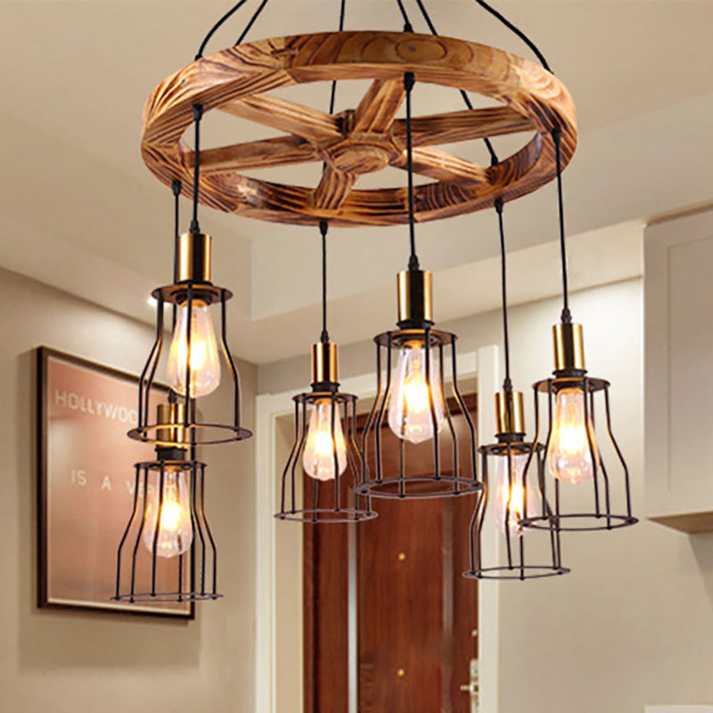 Industrial Wood Bell Cage Pendant Light With Brass Accents - 3/6 Lights For Living Room 6 /
