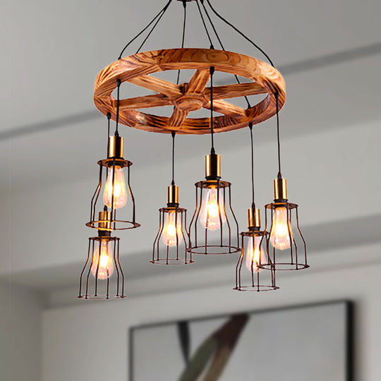 Industrial Wood Bell Cage Pendant Light With Brass Accents - 3/6 Lights For Living Room