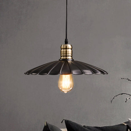 Vintage Scalloped Iron Pendant Light Fixture - 1-Light Adjustable Cord Black/White 10/12 Wide Black