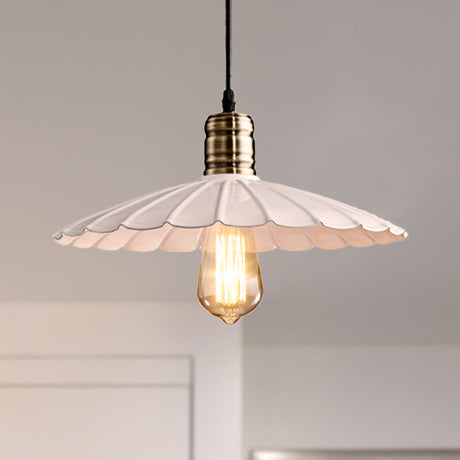 Vintage Scalloped Iron Pendant Light Fixture - 1-Light Adjustable Cord Black/White 10/12 Wide White