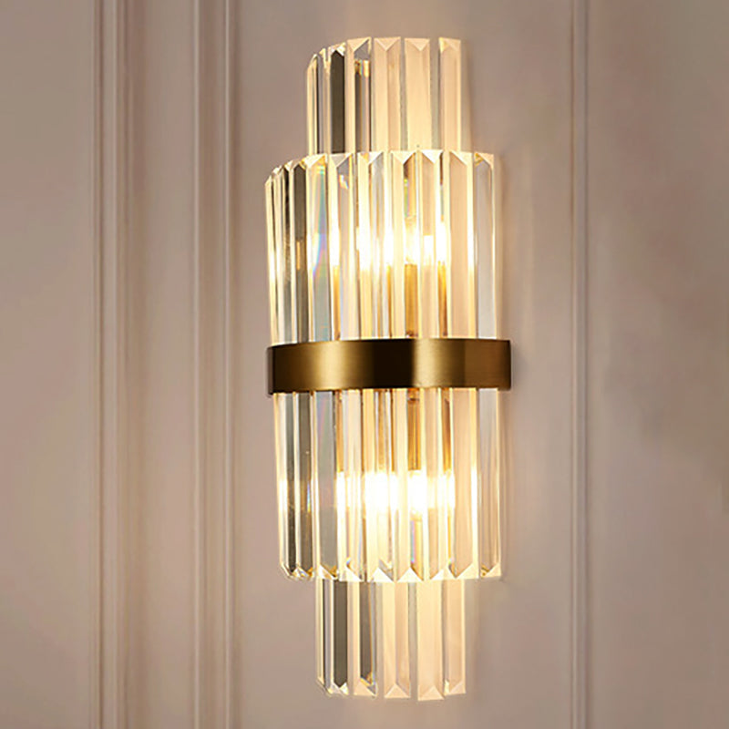 Modernist Clear Crystal Cylinder Wall Lighting Fixture - 2 Lights Golden Sconce Lamp (18/21.5