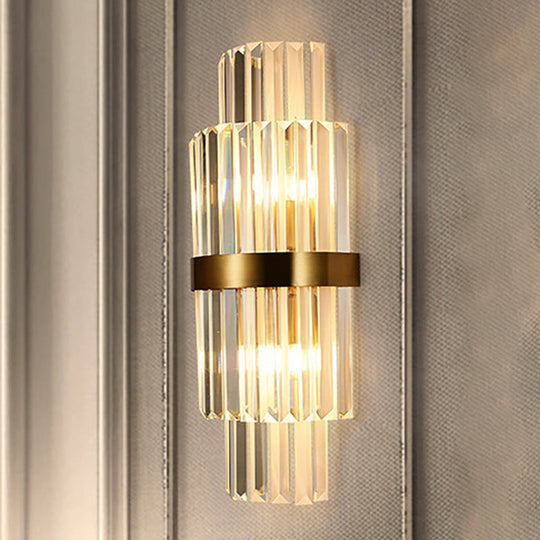 Modernist Clear Crystal Cylinder Wall Lighting Fixture - 2 Lights Golden Sconce Lamp (18/21.5