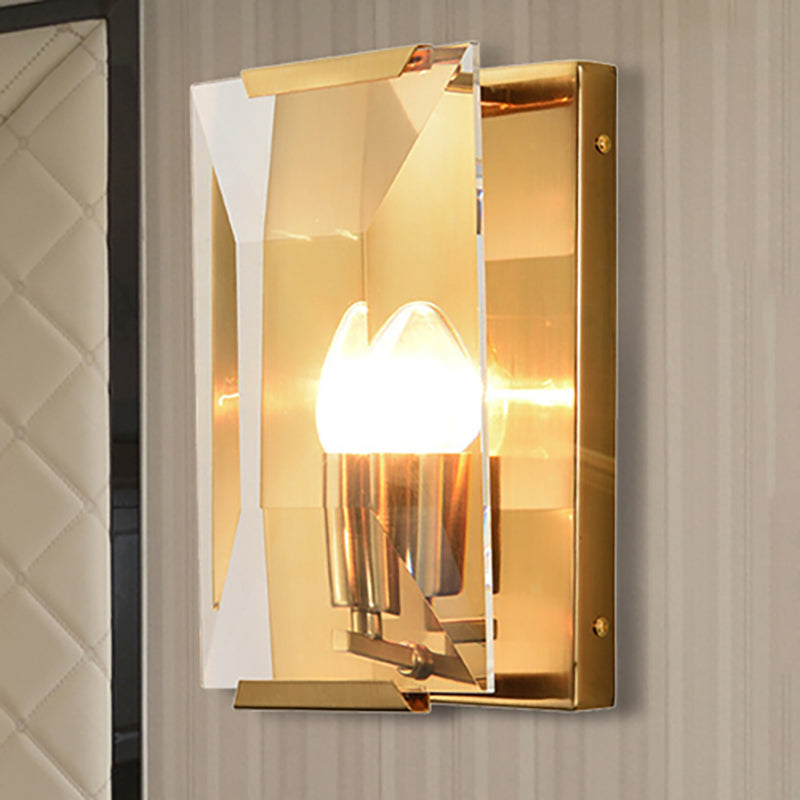 Modern Black/Brass Rectangular Sconce Light With Clear Faceted Crystal And 1 Bulb Brass