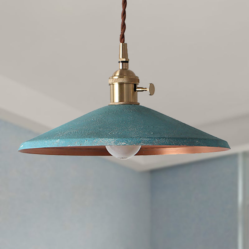 Rustic Saucer Shade Pendant Light With Adjustable Cord In Silver/Red/Blue