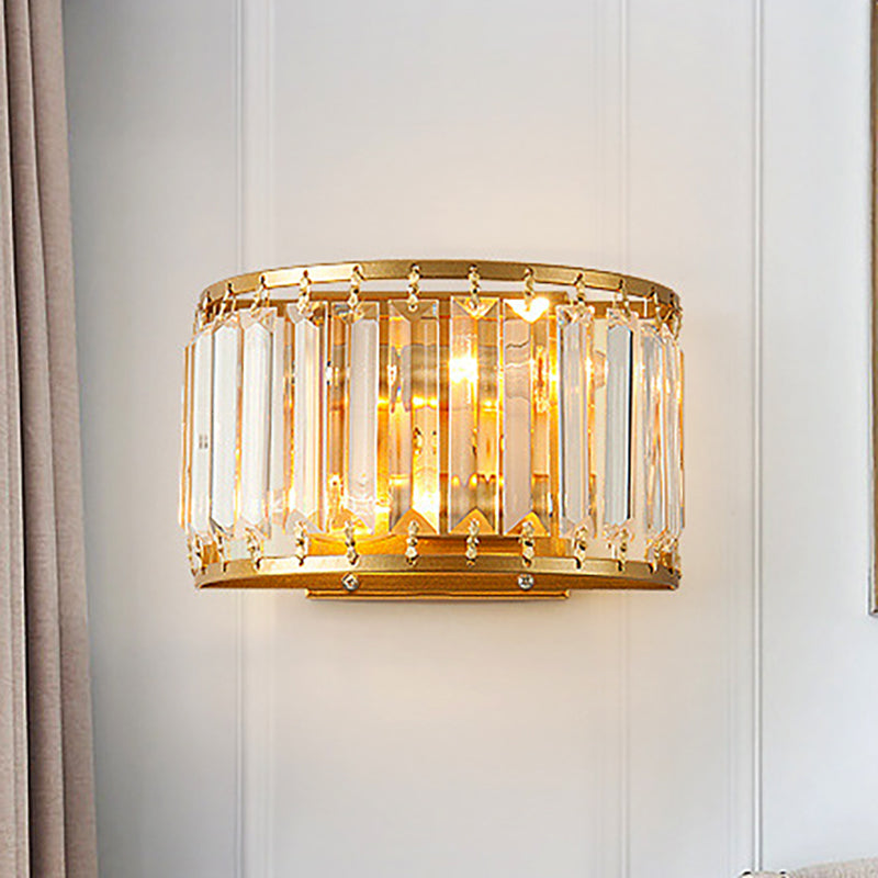Modern Brass Wall Sconce With Drum-Shaped Clear Crystal Shade - 1 Light Living Room Lighting Fixture