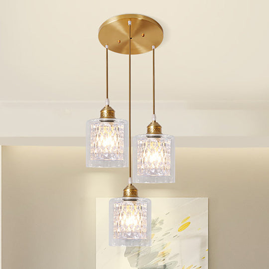 Modern Brass Pendant Light With Prismatic Glass Shade - 3 Lights Cylinder Design