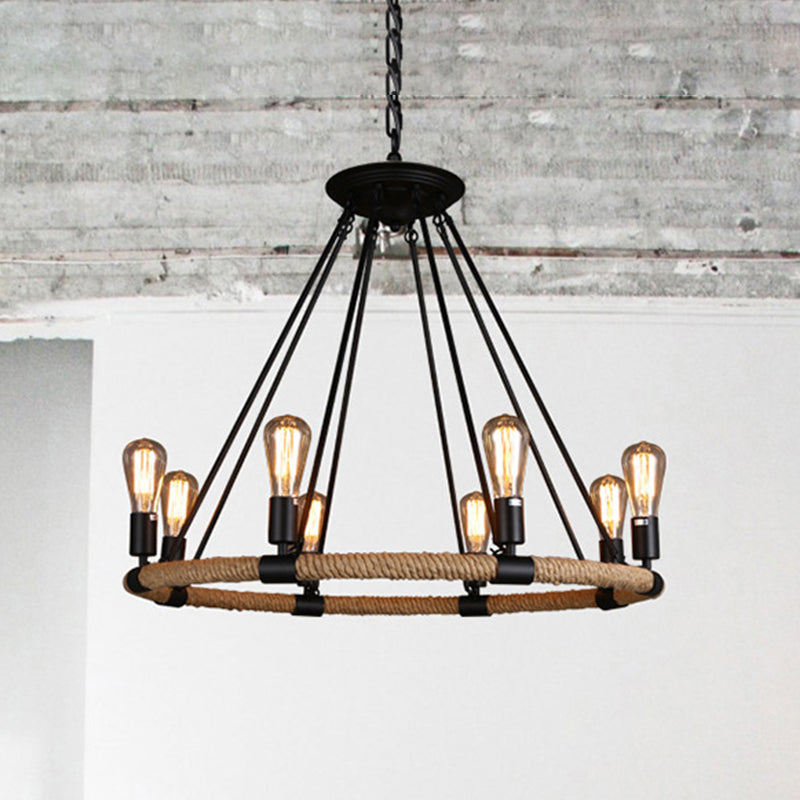 Rustic Rope Ring Chandelier - Lodge Style Pendant Light With Adjustable Chain 6/8 Heads Black