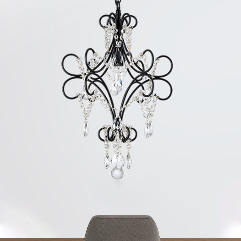 Antique Iron Pendant Light With Black Curve Arm And Crystal Accent - 1 Ceiling Fixture
