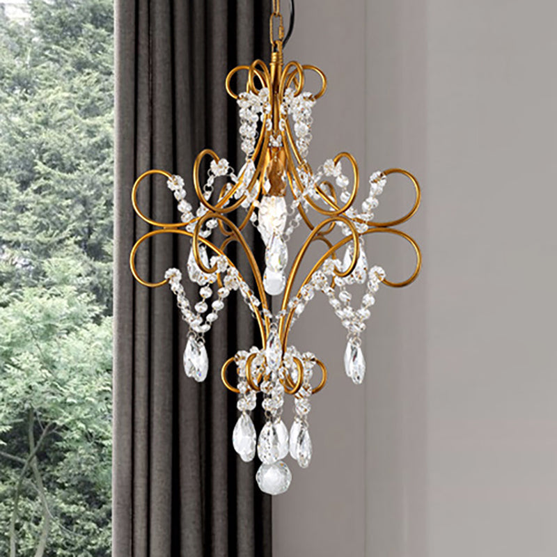 Modern Gold Pendant Light With Glass Strand - Iron Bent Arm Frame