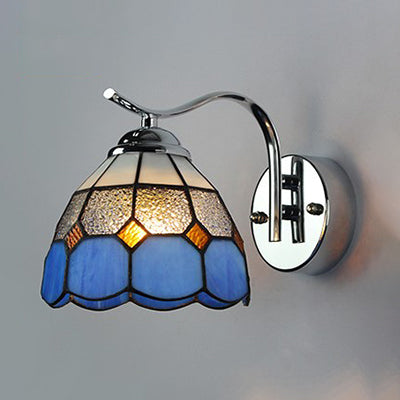 Tiffany Style Tapered Wall Light: Square/Gem Pattern Stained Glass Sconce In Blue