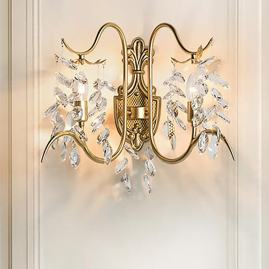 Contemporary Brass Sconce Light With Clear Crystal Strand - Curve Arm Wall (2-Light)