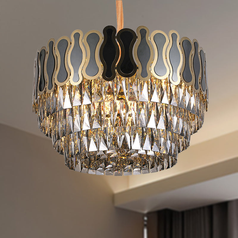 Modern Metal And Crystal Tiered Hanging Light Fixture - 8/11 Lights Black Chandelier 18’/23.5’