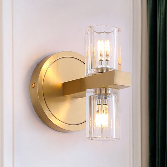 Prismatic Crystal Cylinder Wall Sconce Light - Postmodern 2 Lights Brass Up And Down Mount