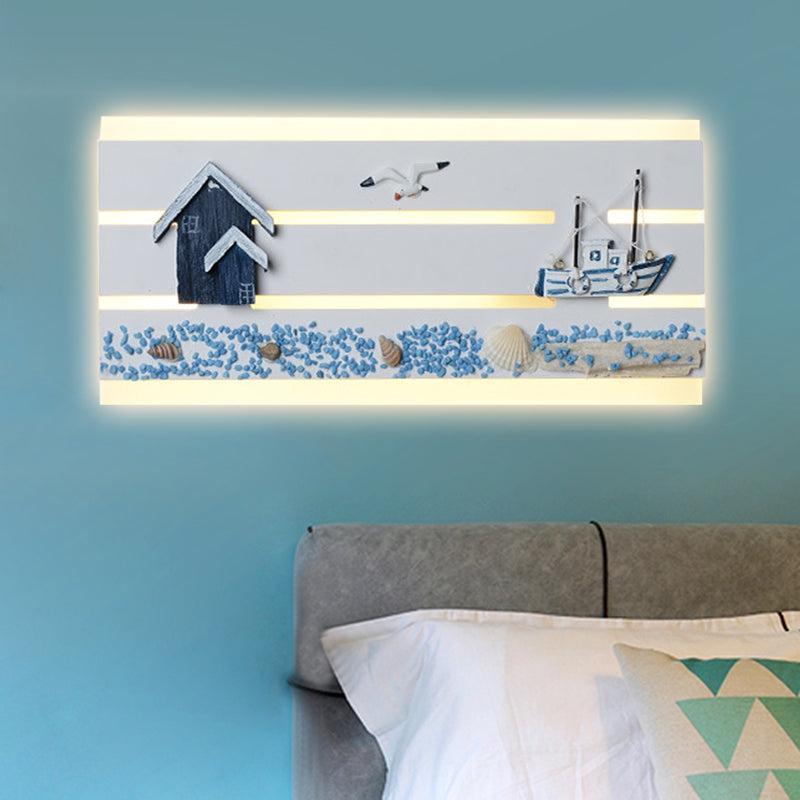 Nautical Led Wall Lamp With Wooden Panel For Kids Bedroom - Sea View Design In White