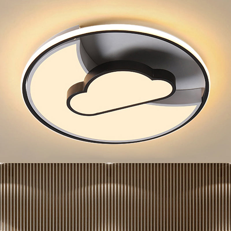 Crescent & Cloud Cartoon Led Flush Mount Ceiling Lamp For Study Room Black-White / 16.5 White