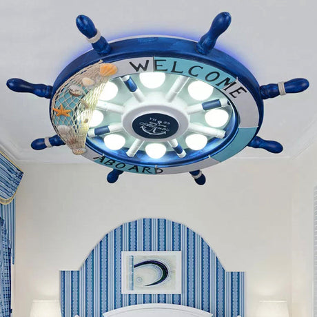 Nautical 8-Light Metal Ceiling Lamp In Blue For Kindergarten Rooms With Rudder Design