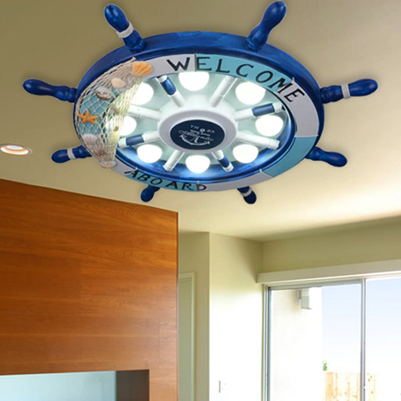 Nautical 8-Light Metal Ceiling Lamp In Blue For Kindergarten Rooms With Rudder Design