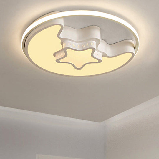Modern Metal Star And Moon Flush Mount Ceiling Light – White Etched Finish For Foyer / Warm