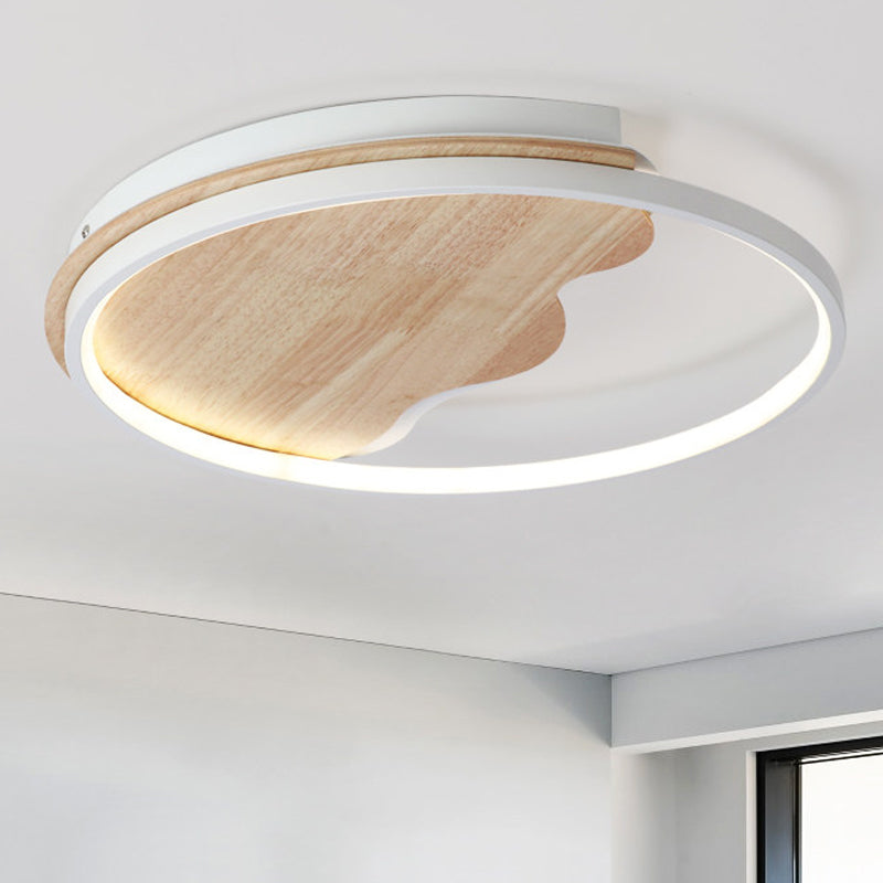 Nordic Wave Flush Ceiling Light With Wood Ring - White Fixture For Study Room