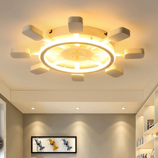 Nautical White Flush Ceiling Lamp For Childs Bedroom: Rudder Anchor Design /