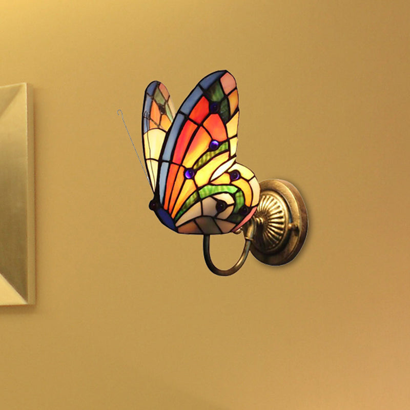Rustic Lodge Butterfly Wall Sconce - Stained Glass Decorative Light For Bedroom Orange